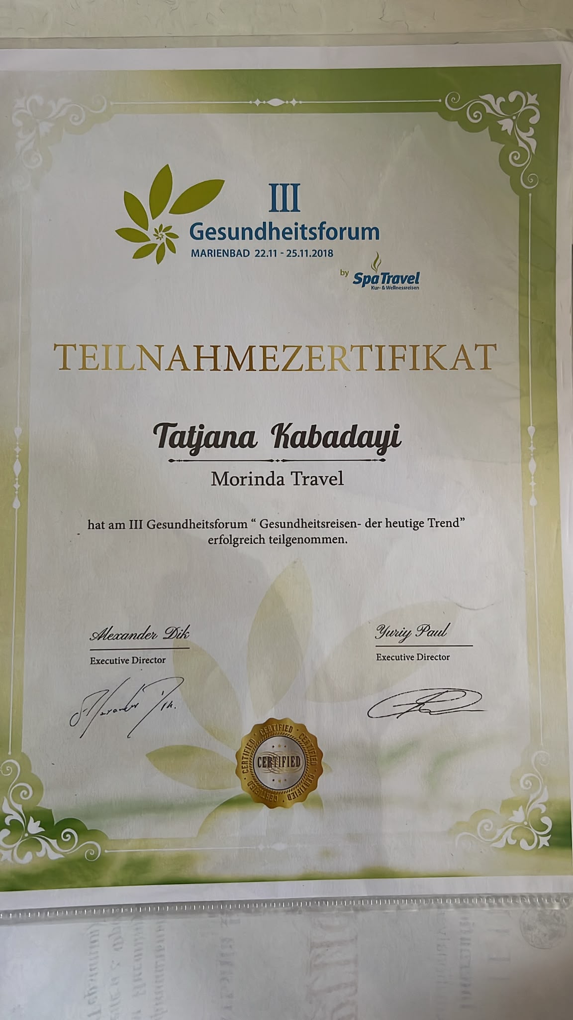 Teilnahmezertifikat III Gesundheitsforum Marienbad 2018