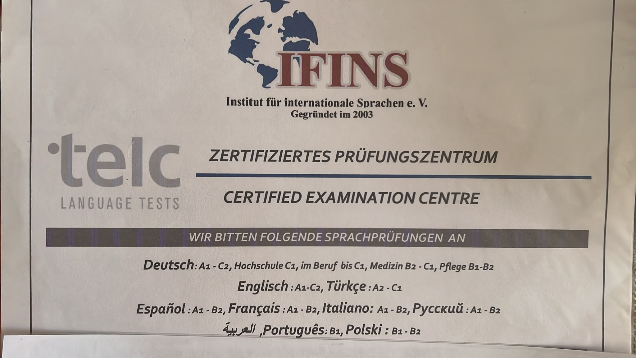 Zertifiziertes Prüfungszentrum telc des IFINS