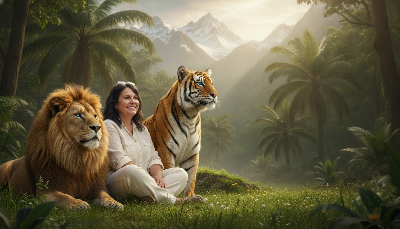 Tatjana Kabadayı zwischen einem Löwen und einem Tiger in tropischer Landschaft