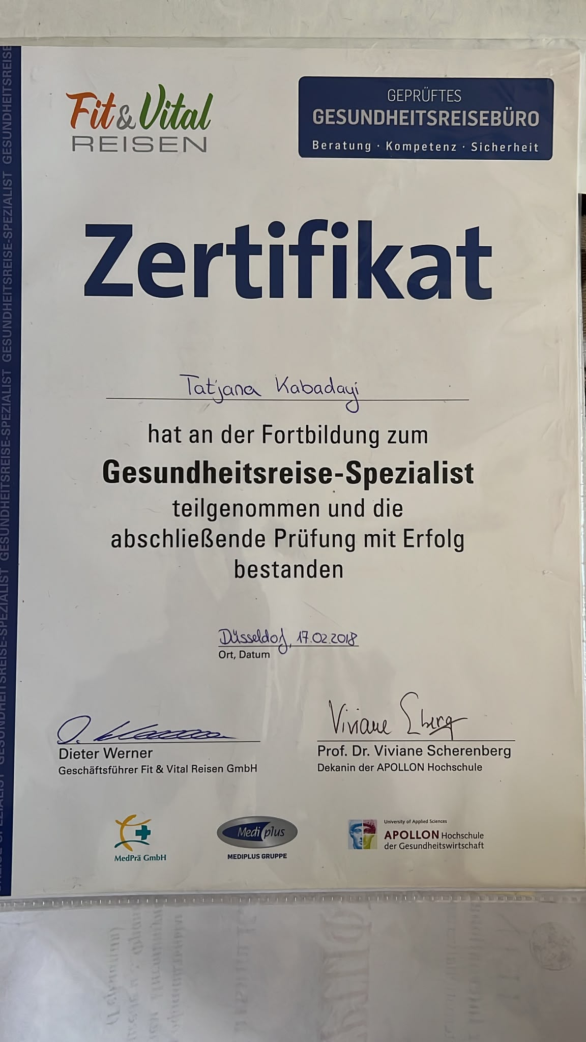 Zertifikat Gesundheitsreise-Spezialist für Tatjana Kabadayı, 2018